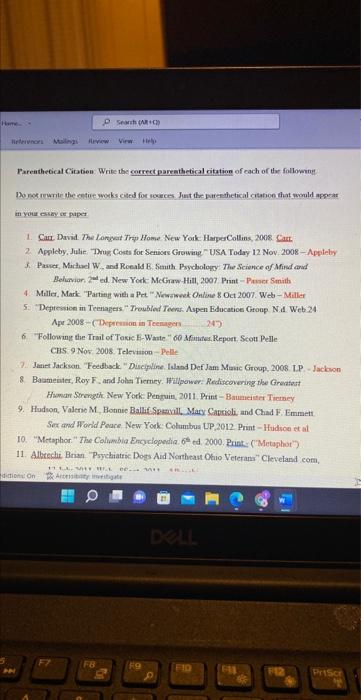 Death Parenthetical Citation Write The Correct Parenthetical Citation Of Each Of The Following Do Nokrite The Entire Wor 1