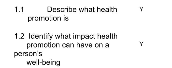 1 1 Y Describe What Health Promotion Is Y 1 2 Identify What Impact Health Promotion Can Have On A Person S Well Being 1