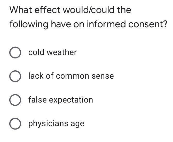 What Effect Would Could The Following Have On Informed Consent O Cold Weather O Lack Of Common Sense O False Expectatio 1