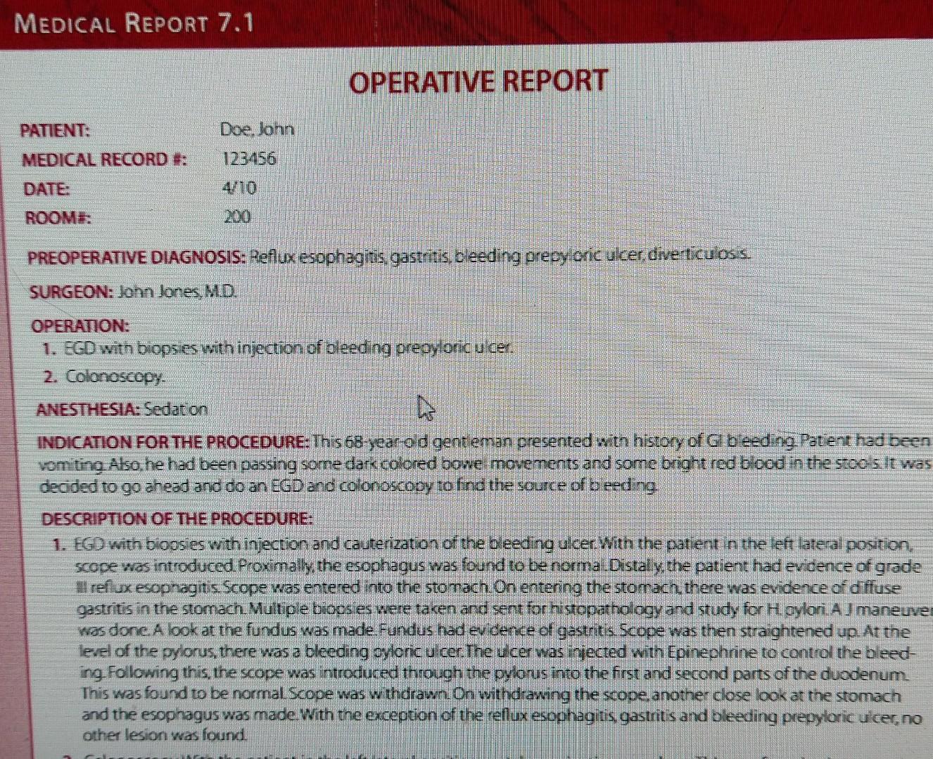 Medical Report 7 1 Operative Report Patient Doe John 123456 Medical Record Date Roome 200 Preoperative Diagnosis 1