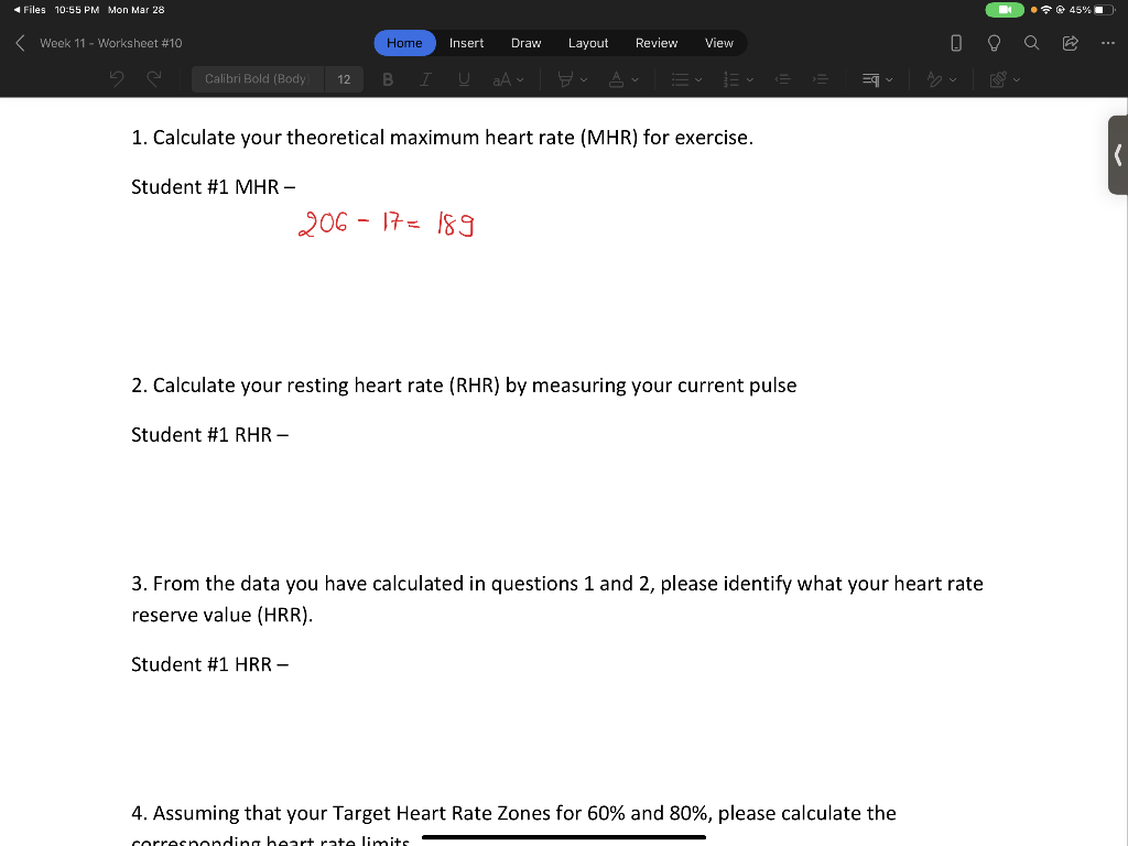Files 10 55 Pm Mon Mar 28 2 9 45 Week 11 Worksheet 10 Home Insert Draw Layout Review View Da Calibri Bold Body 1
