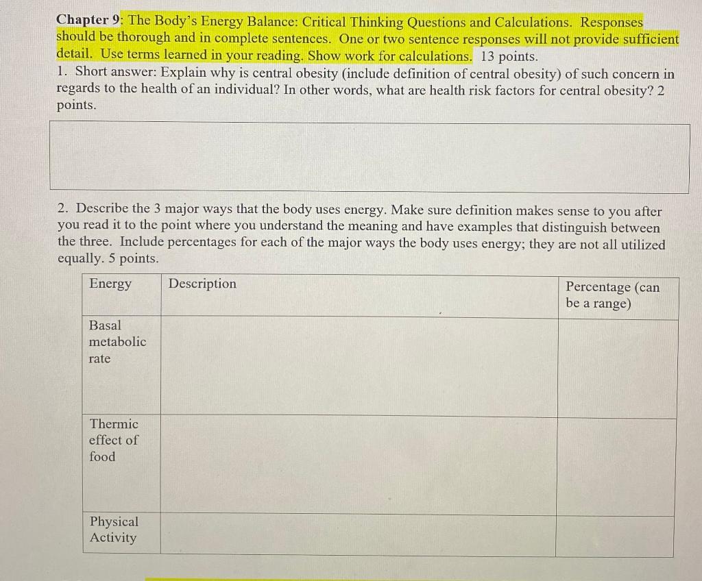 Chapter 9 The Body S Energy Balance Critical Thinking Questions And Calculations Responses Should Be Thorough And In 1