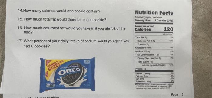 14 How Many Calories Would One Cookie Contain 15 How Much Total Fat Would There Be In One Cookie 16 How Much Satura 5