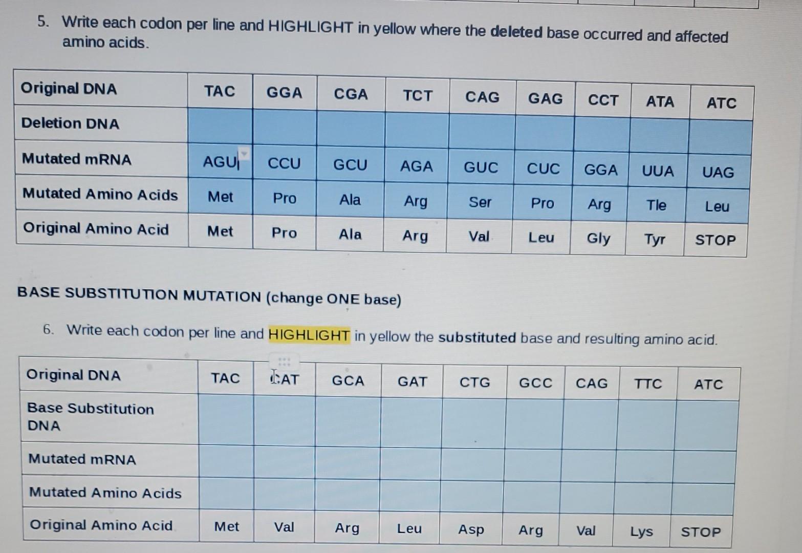 5 Write Each Codon Per Line And Highlight In Yellow Where The Deleted Base Occurred And Affected Amino Acids Original 1
