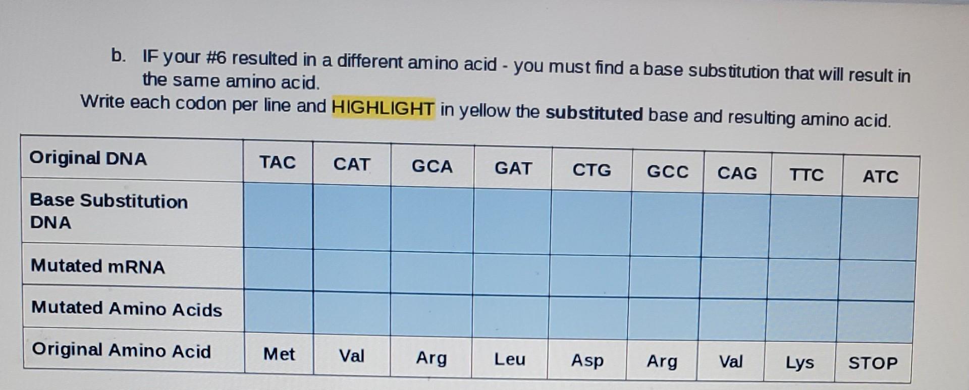5 Write Each Codon Per Line And Highlight In Yellow Where The Deleted Base Occurred And Affected Amino Acids Original 2