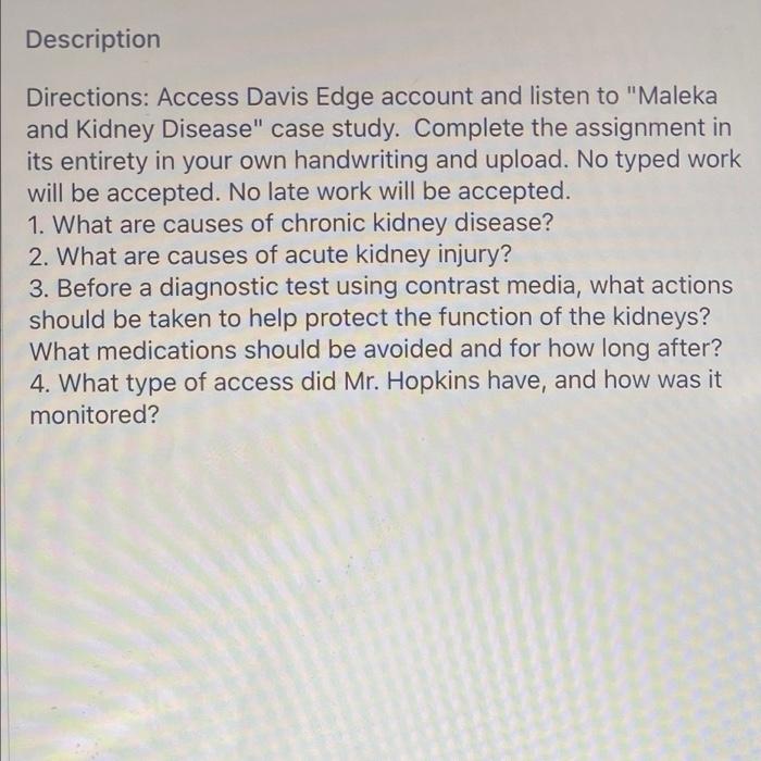 Description Directions Access Davis Edge Account And Listen To Maleka And Kidney Disease Case Study Complete The Ass 1