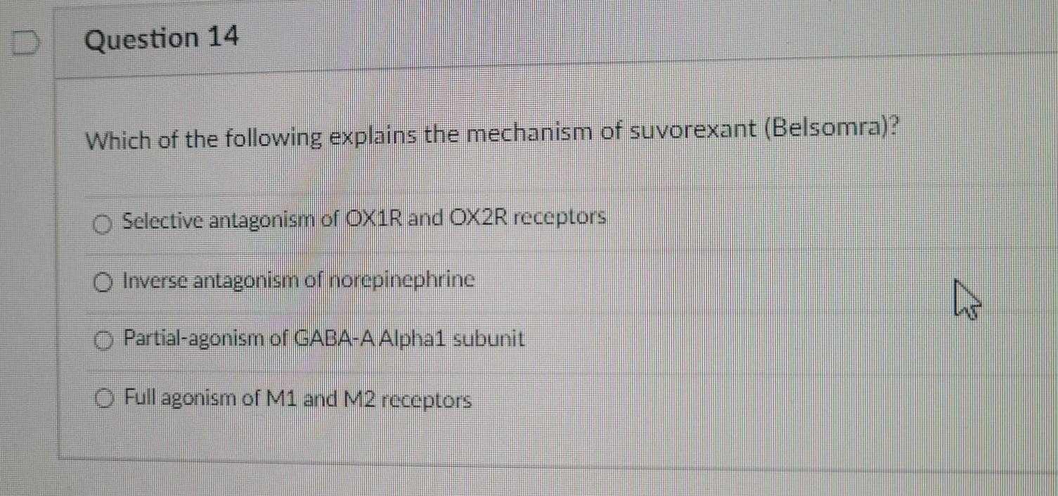 Question 14 Which Of The Following Explains The Mechanism Of Suvorexant Belsomra O Selective Antagonism Of Ox1r And O 1