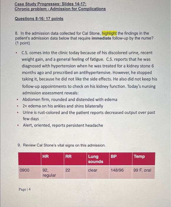 Admission For Urolithiasis Kidney Stones Patient History And Nurse S Notes Cal Stone Age 52 Is Admitted To The Hospi 4