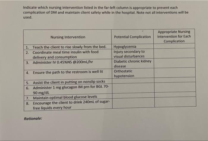 Indicate Which Nursing Intervention Listed In The Far Left Column Is Appropriate To Prevent Each Complication Of Dm And 1