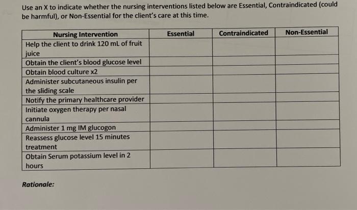 Use An X To Indicate Whether The Nursing Interventions Listed Below Are Essential Contraindicated Could Be Harmful O 1