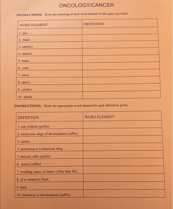 Oncology Cancer Instructions Write The Meaning Of Each Word Element In The Space Provided Word Element Definition 1 A 1