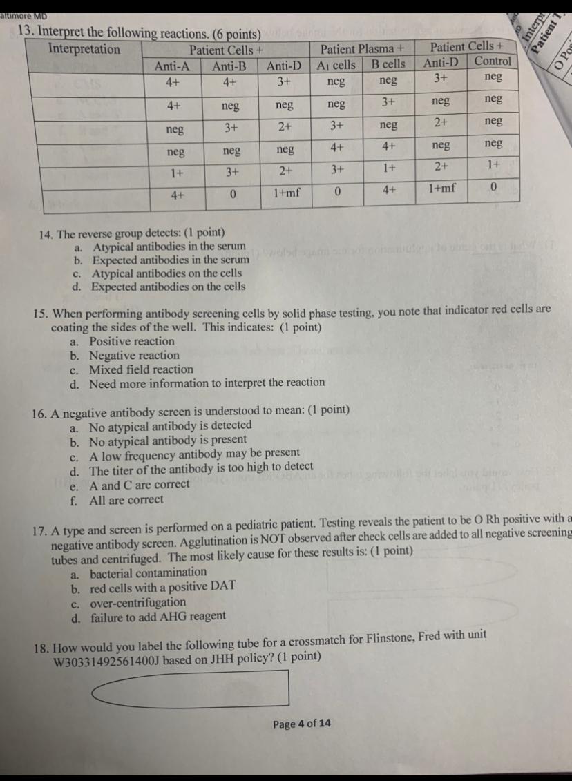 Altimore Md Interph Patient 13 Interpret The Following Reactions 6 Points Interpretation Patient Cells Anti A Anti 1