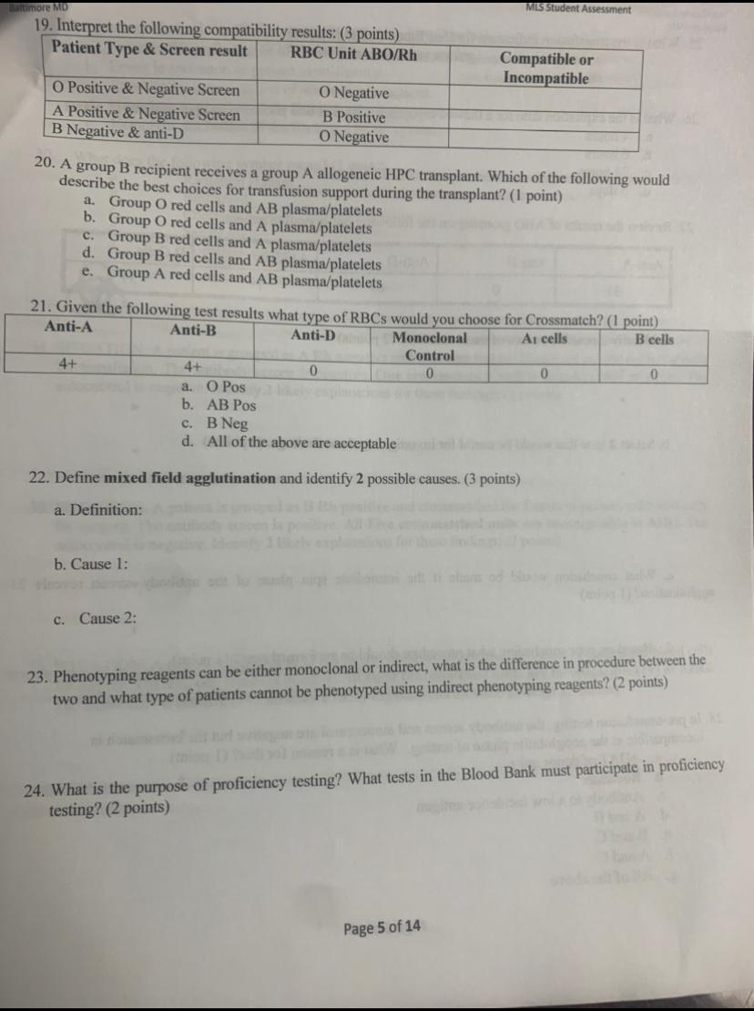 Baltimore Md Mis Student Assessment 19 Interpret The Following Compatibility Results 3 Points Patient Type Screen 1