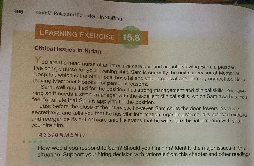406 Unit V Roles And Functions In Staffing Learning Exercise 15 8 Ethical Issues In Hiring You Are The Head Nurse Of An 1