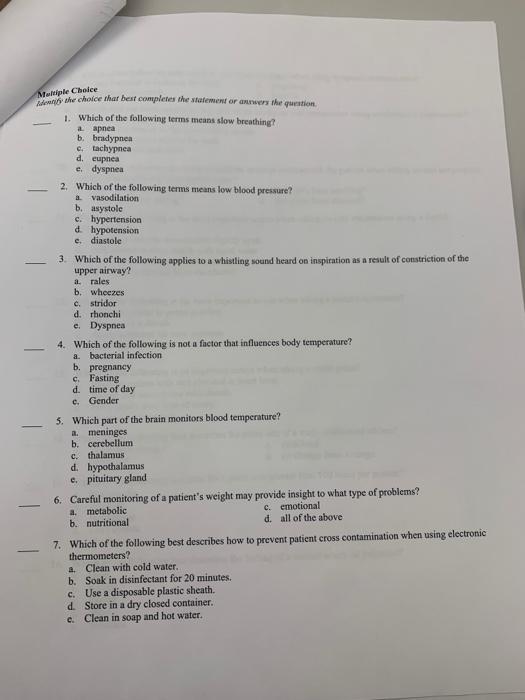 Mriple Choice Men He Choice That Best Complete The Statement Or Answer The Question 1 Which Of The Following Terms Mea 1