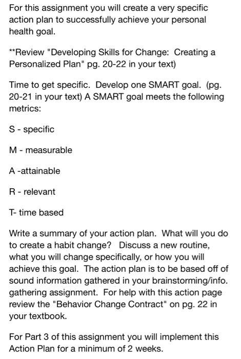 For This Assignment You Will Create A Very Specific Action Plan To Successfully Achieve Your Personal Health Goal Rev 1