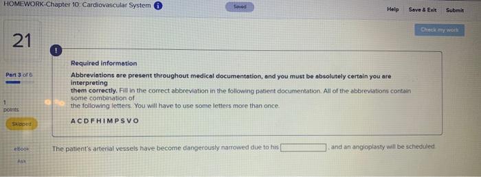 Homework Chapter 10 Cardiovascular System Favod Help Save Exit Submit Check My Work 21 Part 3 Of Required Informati 1