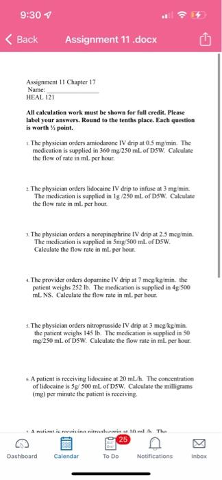 9 30 Back Assignment 11 Docx Assignment 11 Chapter 17 Name Heal 121 All Calculation Work Must Be Shown For Full Credi 2