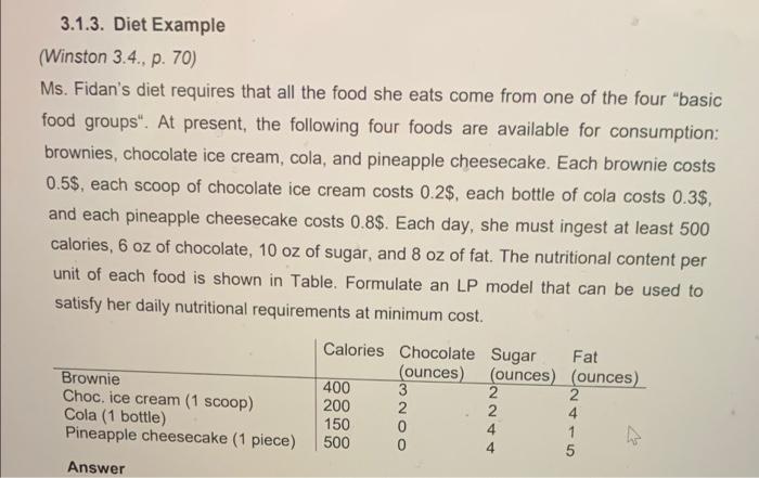 3 1 3 Diet Example Winston 3 4 P 70 Ms Fidan S Diet Requires That All The Food She Eats Come From One Of The Four 1