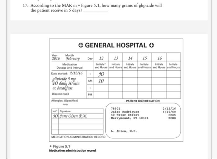 17 According To The Mar In Figure 5 1 How Many Grams Of Glipizide Will The Patient Receive In 5 Days General Hospit 1