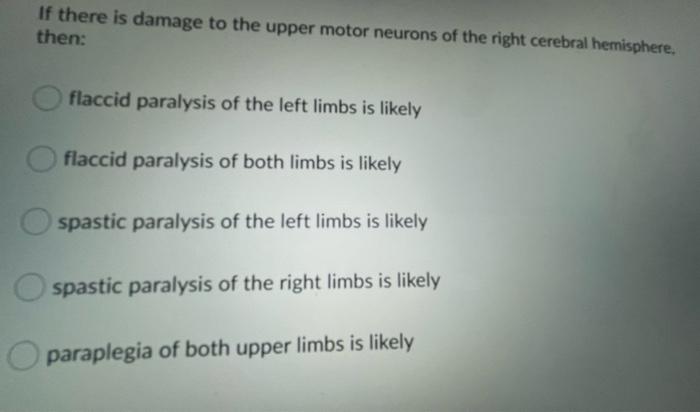 If There Is Damage To The Upper Motor Neurons Of The Right Cerebral Hemisphere Then Flaccid Paralysis Of The Left Limb 1