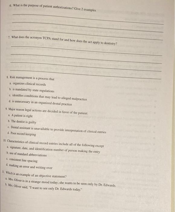 6 What Is The Purpose Of Patient Authorizations Give 2 Examples 7 What Does The Acronym Tcpa Stand For And How Does T 1