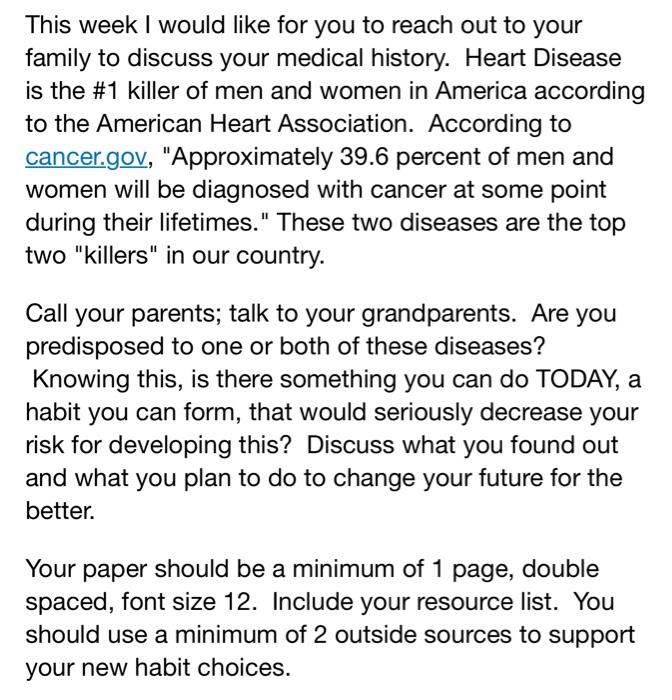 This Week I Would Like For You To Reach Out To Your Family To Discuss Your Medical History Heart Disease Is The 1 Kill 1