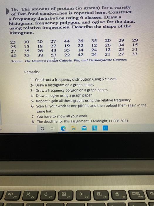 16 The Amount Of Protein In Grams For A Variety Of Fast Food Sandwiches Is Reported Here Construct A Frequency Distr 1