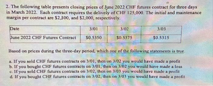 2 The Following Table Presents Closing Prices Of June 2022 Chf Futures Contract For Three Days In March 2022 Each Cont 1