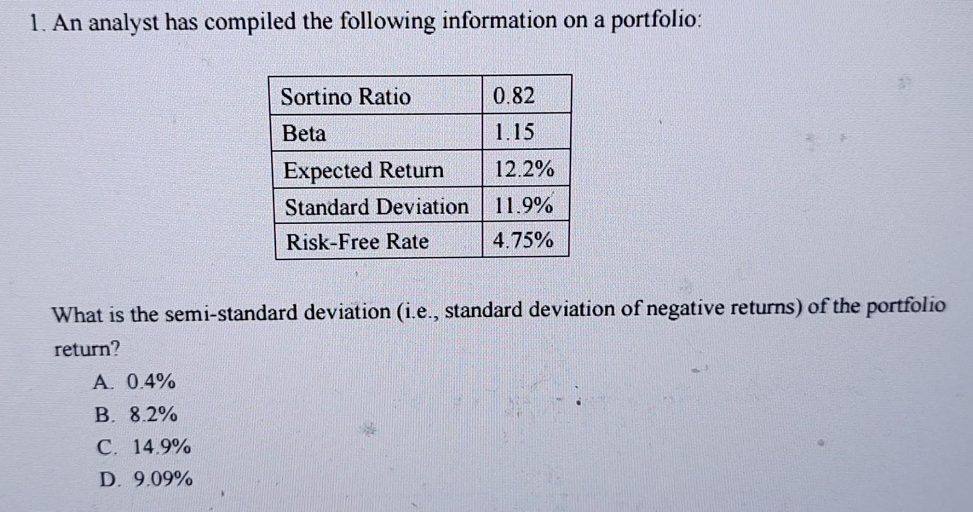 1 An Analyst Has Compiled The Following Information On A Portfolio Sortino Ratio 0 82 Beta 1 15 Expected Return 12 2 1