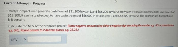 Current Attempt In Progress Swifty Compacts Will Generate Cash Flows Of 31 100 In Year 1 And 66 200 In Year 2 Howeve 1