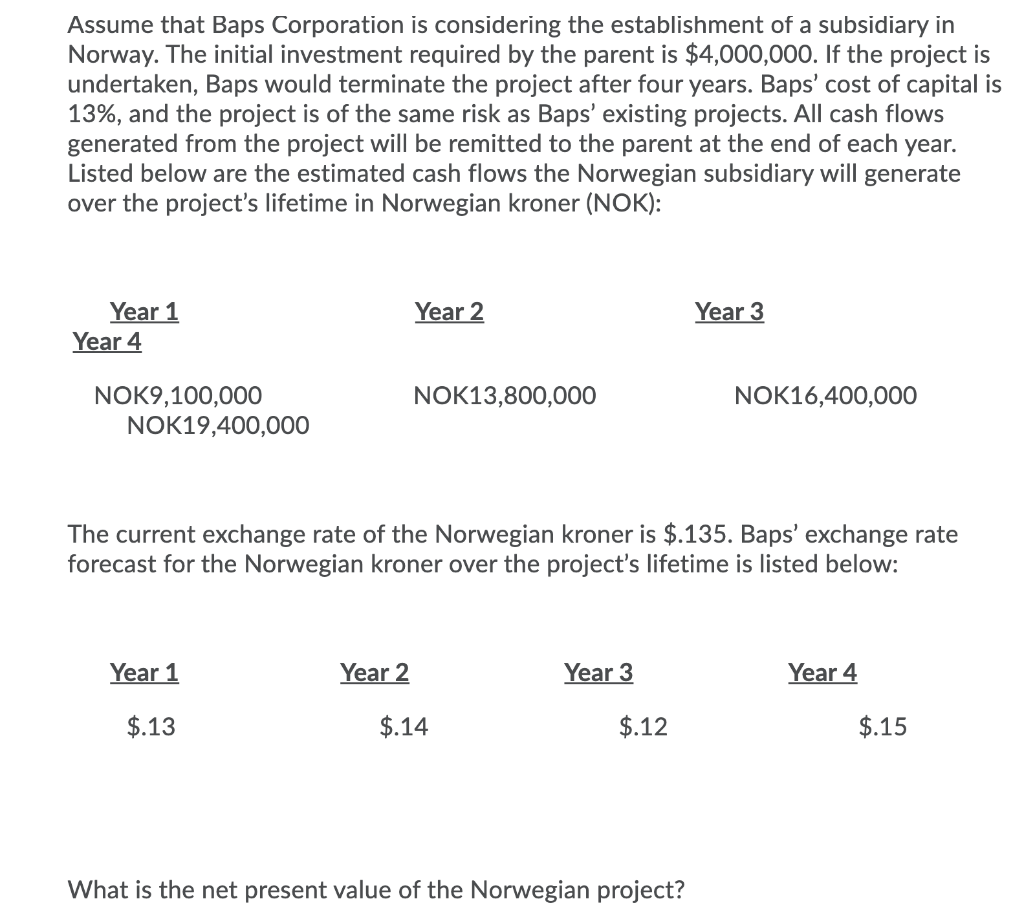 Assume That Baps Corporation Is Considering The Establishment Of A Subsidiary In Norway The Initial Investment Required 1