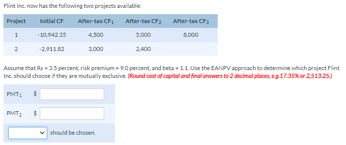 Flint Inc Now Has The Following Two Projects Available Project Initial Cf After Tax Cf2 After Tax Cf1 4 500 After Tax 1