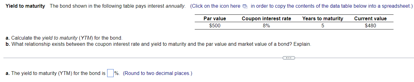 Yield To Maturity The Bond Shown In The Following Table Pays Interest Annually Click On The Icon Here In Order To Copy 1