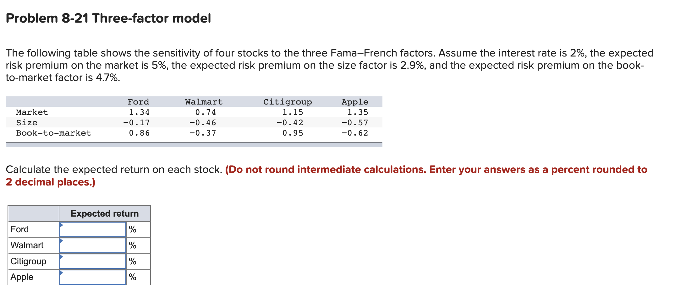 Problem 8 21 Three Factor Model The Following Table Shows The Sensitivity Of Four Stocks To The Three Fama French Factor 1