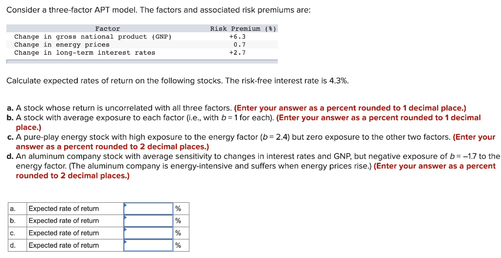Consider A Three Factor Apt Model The Factors And Associated Risk Premiums Are Factor Change In Gross National Product 1