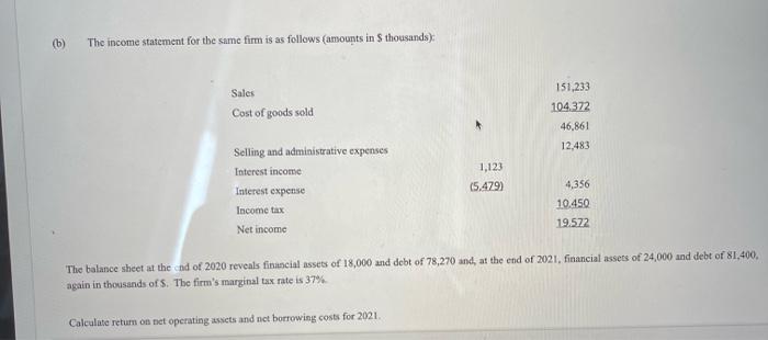 B The Income Statement For The Same Firm Is As Follows Amounts In Thousands Sales Cost Of Goods Sold 151 233 104 372 1