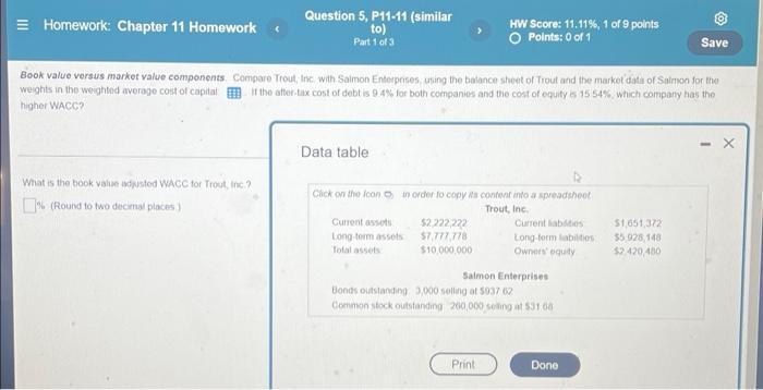 Homework Chapter 11 Homework Question 5 P11 11 Similar To Part 1 Of 3 Hw Score 11 11 1 Of 9 Points O Points 0 Of 1