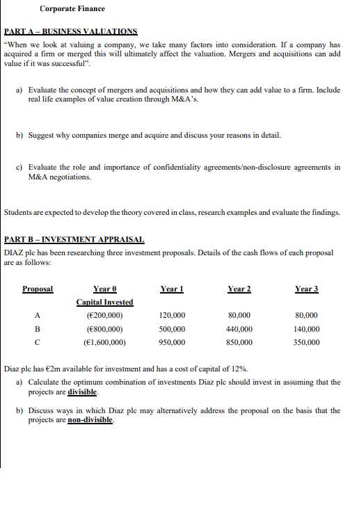 Corporate Finance Part A Business Valuations When We Look At Valuing A Company We Take Many Factors Into Considerati 1