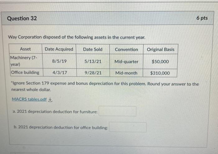 Question 32 6 Pts Way Corporation Disposed Of The Following Assets In The Current Year Asset Date Acquired Date Sold Co 1