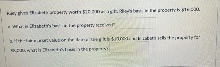 Riley Gives Elizabeth Property Worth 20 000 As A Gift Riley S Basis In The Property Is 16 000 A What Is Elizabeth S 1