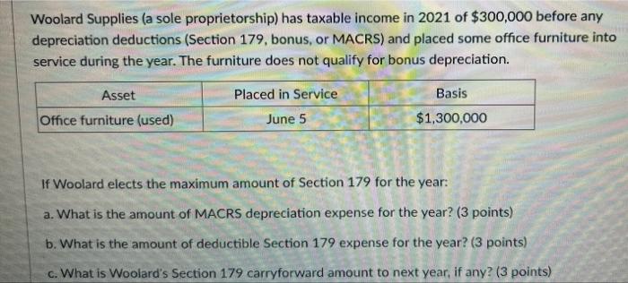 Woolard Supplies A Sole Proprietorship Has Taxable Income In 2021 Of 300 000 Before Any Depreciation Deductions Sect 1
