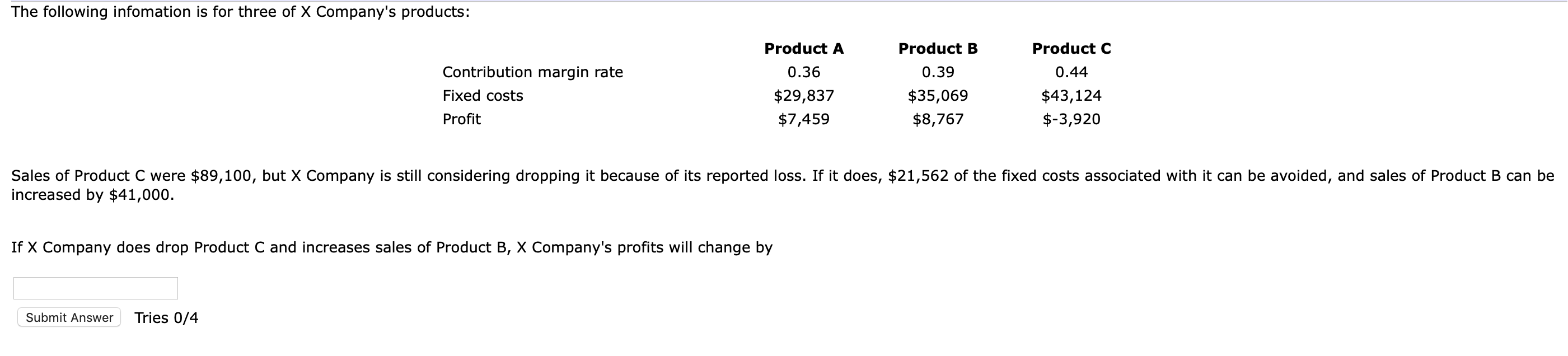 The Following Infomation Is For Three Of X Company S Products Product A Product C 0 36 Contribution Margin Rate Fixed C 1