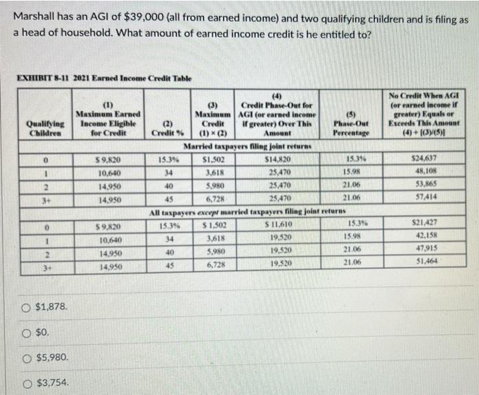 Marshall Has An Agi Of 39 000 All From Earned Income And Two Qualifying Children And Is Filing As A Head Of Household 1