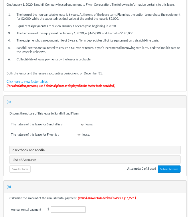 On January 1 2020 Sandhill Company Leased Equipment To Flynn Corporation The Following Information Pertains To This L 1