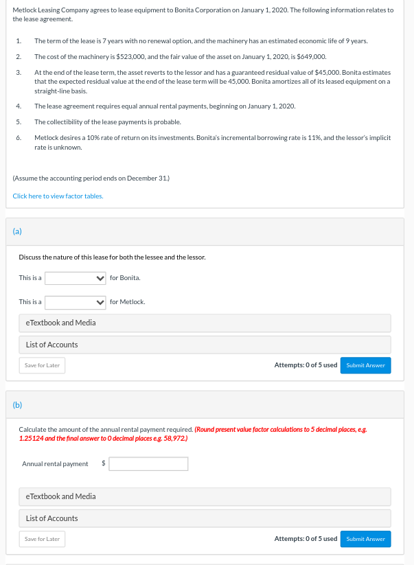Metlock Leasing Company Agrees To Lease Equipment To Bonita Corporation On January 1 2020 The Following Information Re 1