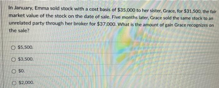 In January Emma Sold Stock With A Cost Basis Of 35 000 To Her Sister Grace For 31 500 The Fair Market Value Of The 1