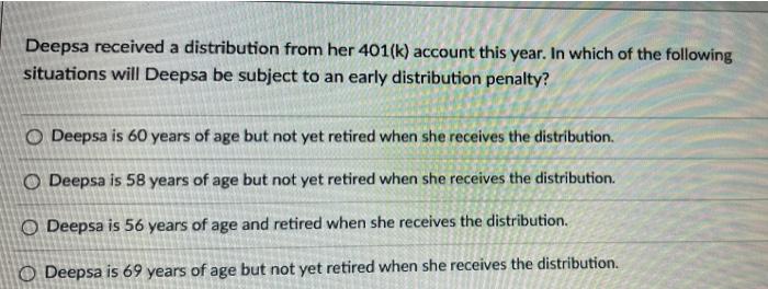 Deepsa Received A Distribution From Her 401 K Account This Year In Which Of The Following Situations Will Deepsa Be Su 1