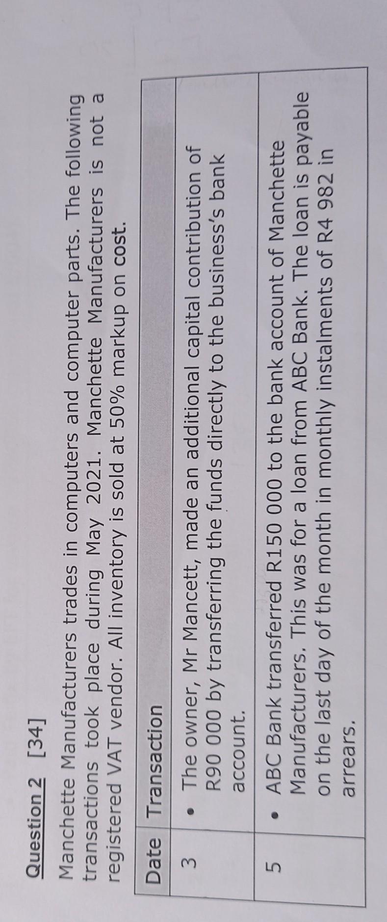 Question 2 34 Manchette Manufacturers Trades In Computers And Computer Parts The Following Transactions Took Place Du 1