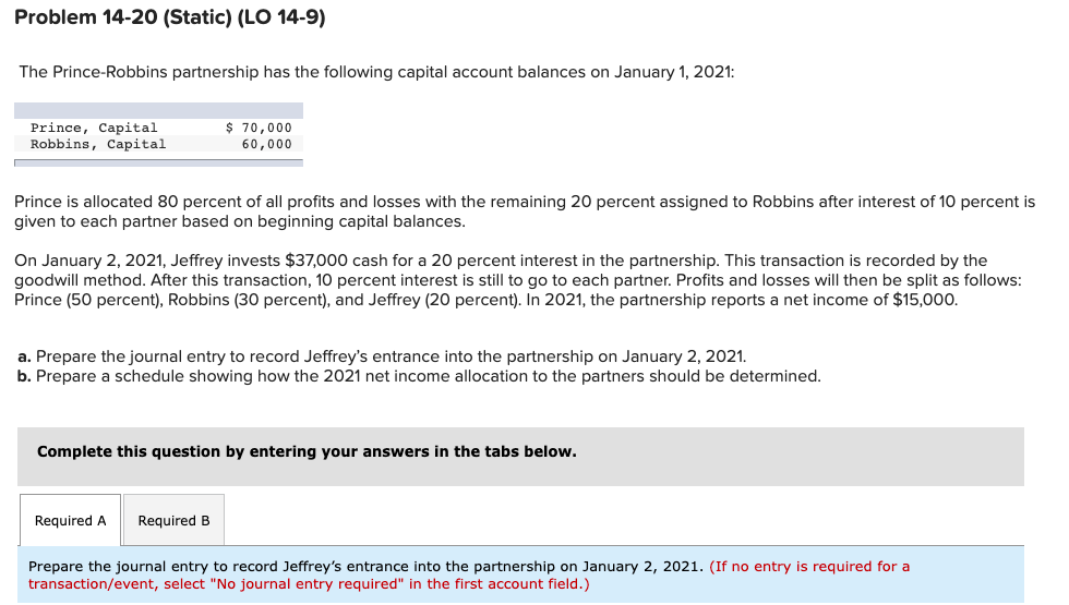 Problem 14 20 Static Lo 14 9 The Prince Robbins Partnership Has The Following Capital Account Balances On January 1 1